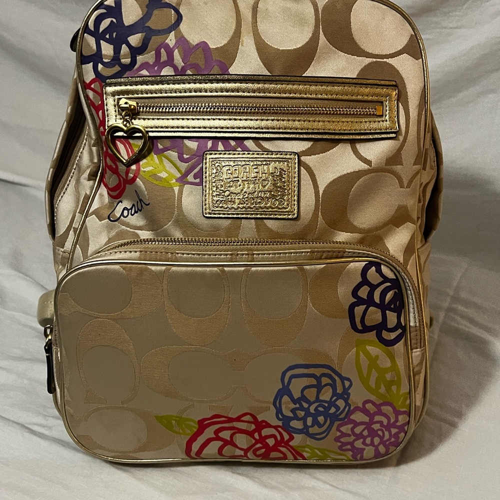 Coach Beige Backpack with Colorful Floral Design